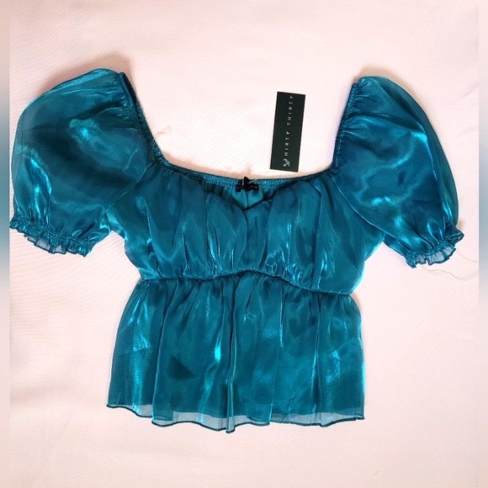 Shiny Blue Puff Sleeve Top